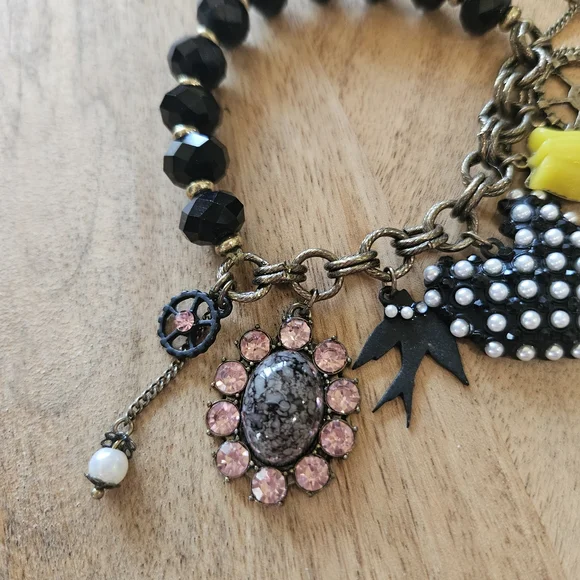 Betsey Johnson Black Bead Charm Bracelet with Pink and Yellow Accents - Picture 4 of 5